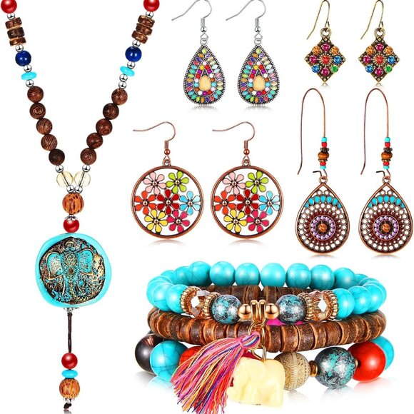 Bohemian Jewelry Set Leather Beaded Turquoise Necklace Earrings Bracelets Women - Picture 1 of 7